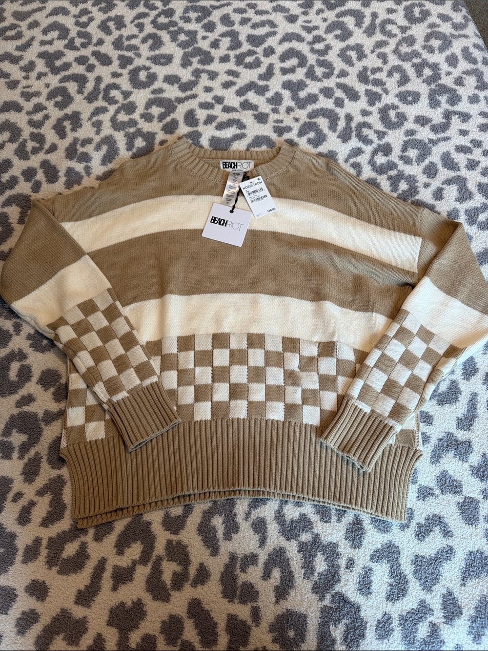 Beach Riot Crewneck Sweater in Beige & Cream Checker Stripe